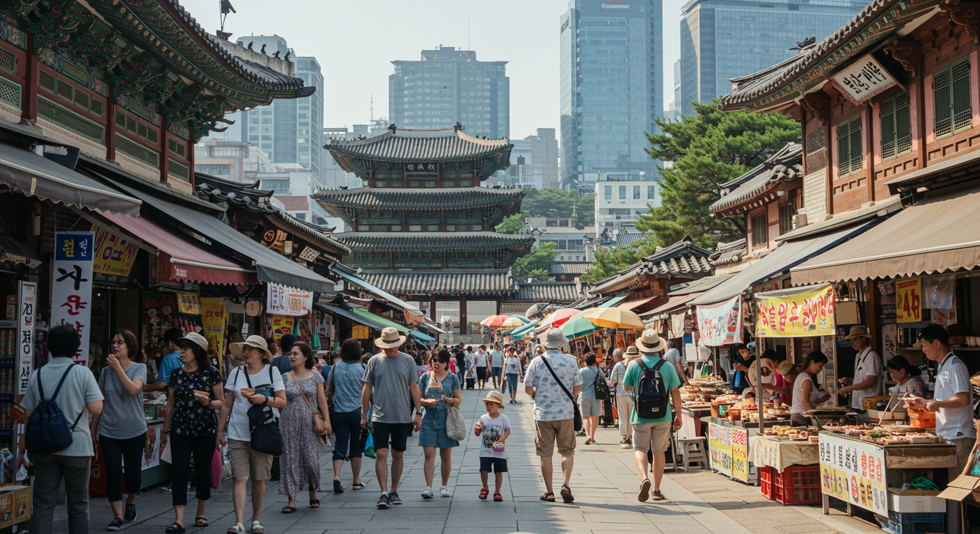 전통 궁궐과 현대적인 상점들이 어우러진 광장시장 주변을 탐방하는 관광객들