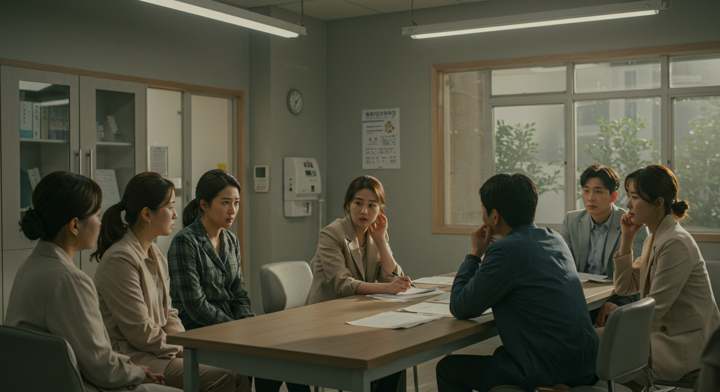현대적 병원에서 건강 문제를 논의하는 사람들