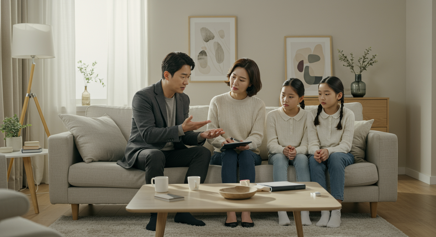 현대적인 거실에서 가족들이 모여 독감 증상에 대해 걱정하는 모습