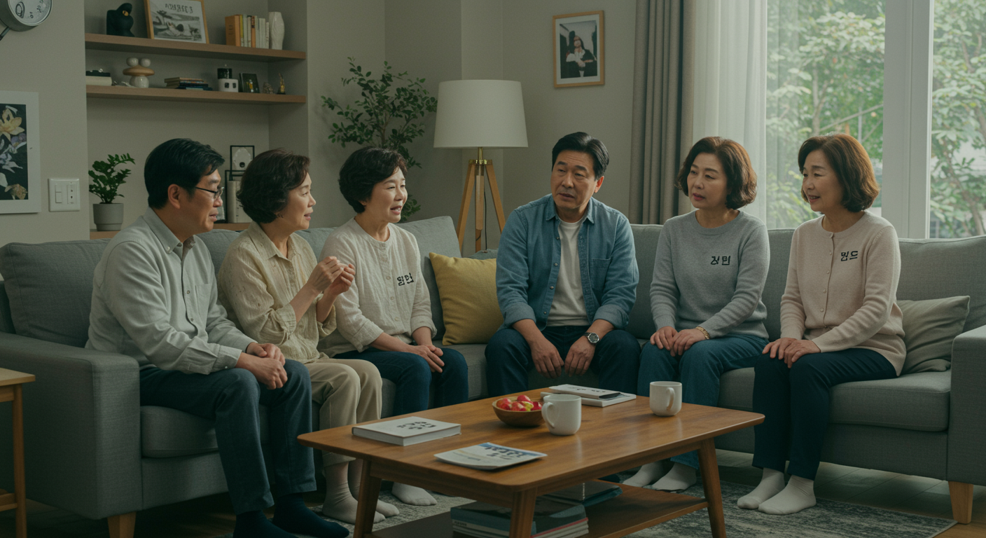 현대적인 거실에서 다양한 세대의 한국 가족이 '야릇하다'라는 단어를 주제로 대화하는 모습