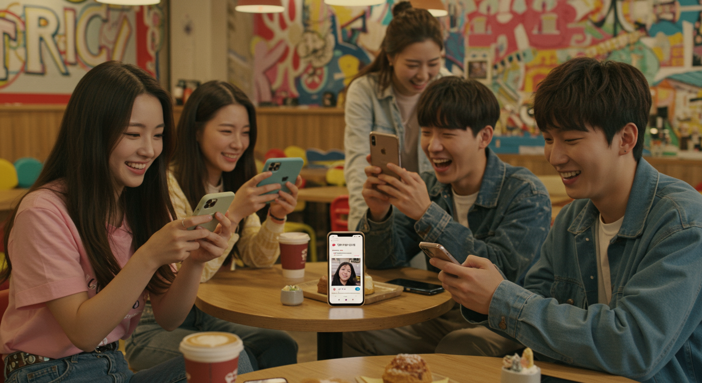 카페에서 스마트폰을 사용하며 SNS에 사진과 함께 '야릇하다'라는 표현을 올리는 젊은 성인들