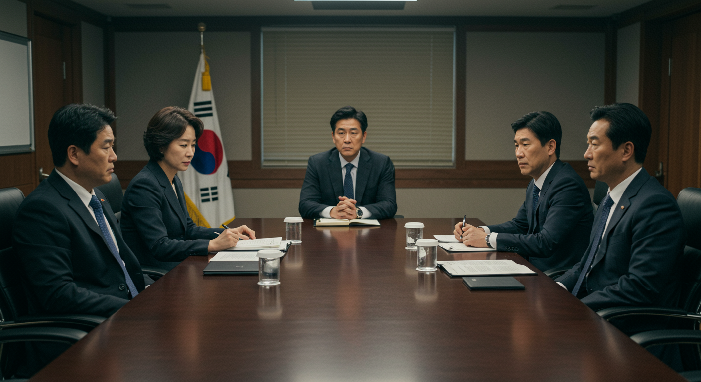 회의실에서 신중하게 비즈니스 문제를 논의하며 '야릇하다'라는 표현을 조심스럽게 사용하는 중장년층