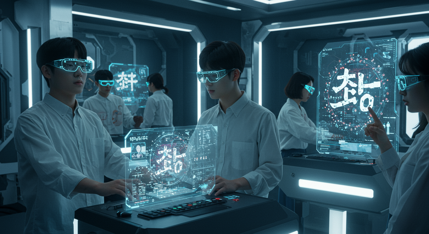 최첨단 기술 환경에서 AI 인터페이스와 홀로그램을 활용하여 '야릇하다'라는 단어를 새롭게 해석하는 기술 애호가들