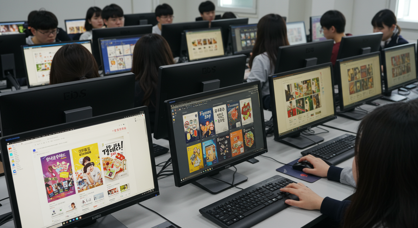 고등학생들이 온라인으로 수능특강 표지 디자인을 선택하는 모습