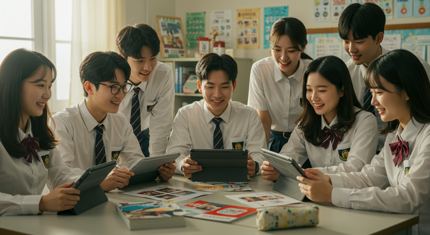 한국 고등학생들이 교실에서 태블릿을 사용하여 교재 표지 디자인에 대해 토론하고 투표하는 모습