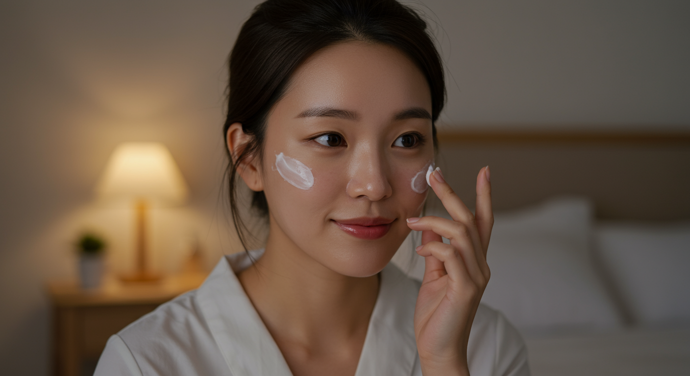 밤에 스킨케어 루틴을 실천하는 여성의 얼굴 클로즈업
