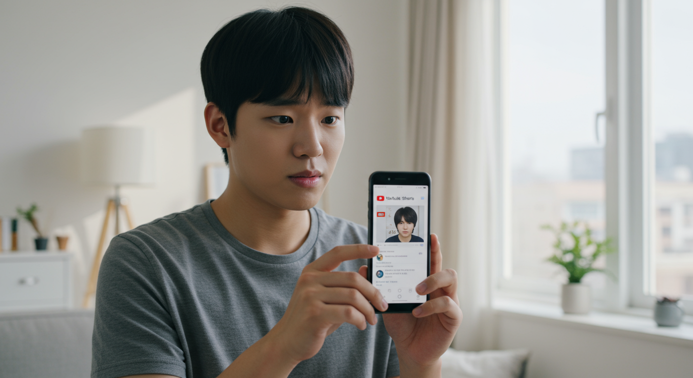 스마트폰 화면에서 유튜브 쇼츠를 보고 있는 젊은 남성이 당황한 모습