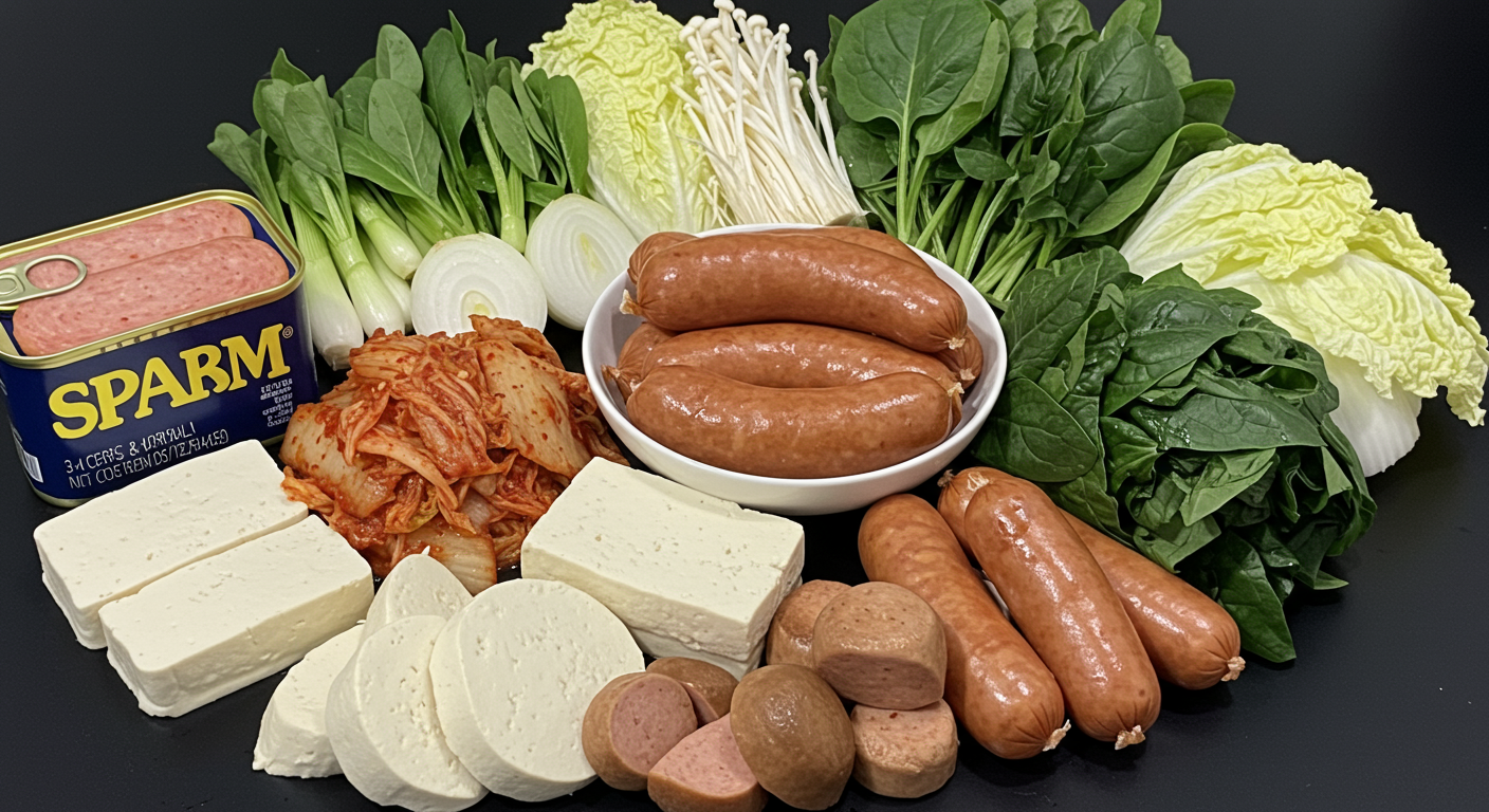 다양한 색감과 질감을 가진 스팸, 소시지, 두부 등으로 구성된 부대찌개 재료