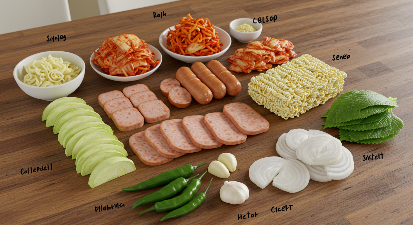 나무 테이블 위에 정갈하게 놓인 부대찌개 재료와 깔끔한 손질법이 표시된 모습