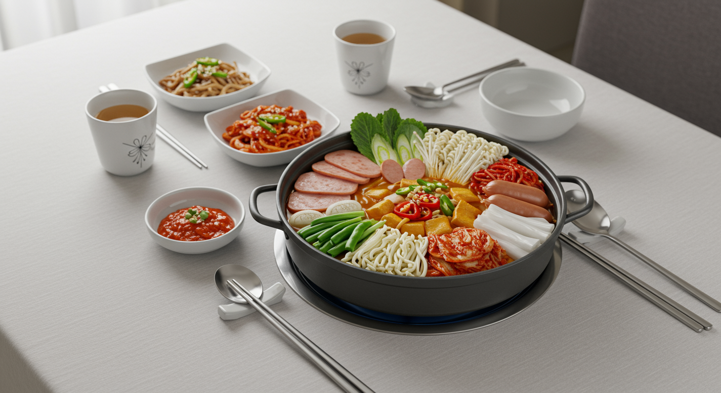 깔끔하고 예쁘게 세팅된 부대찌개의 전골냄비와 그 주변에 놓인 재료들