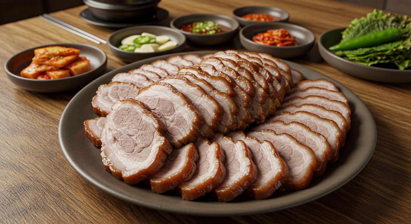 촉촉하고 부드러운 식감의 수육이 김치와 함께 놓인 상차림