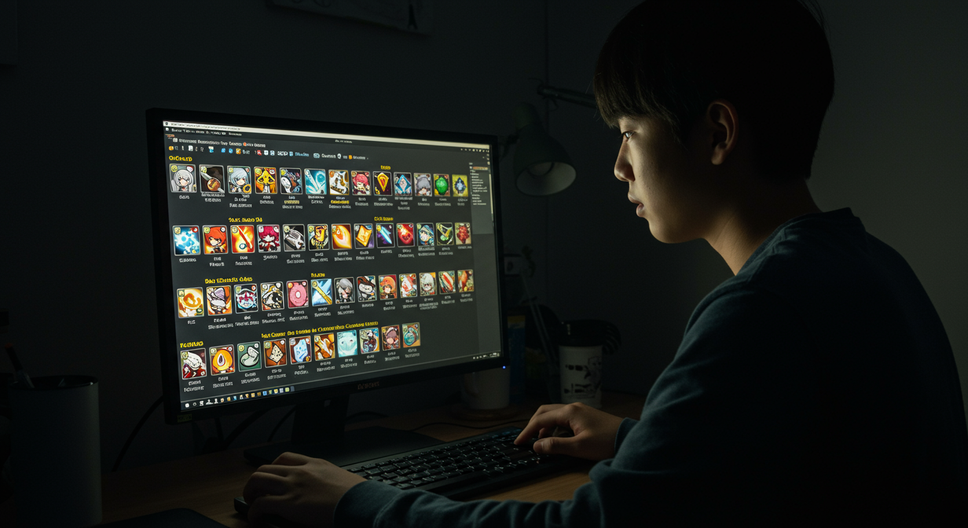 다양한 메이플스토리 직업군과 스킬 아이콘을 검토하는 한국 청소년의 모습