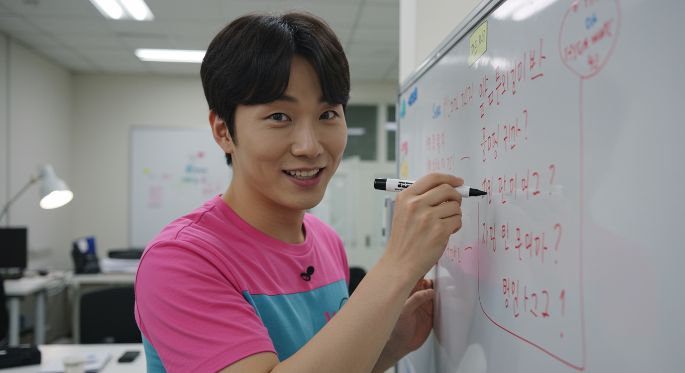 사무실에서 화이트보드에 농담을 적고 있는 코미디언