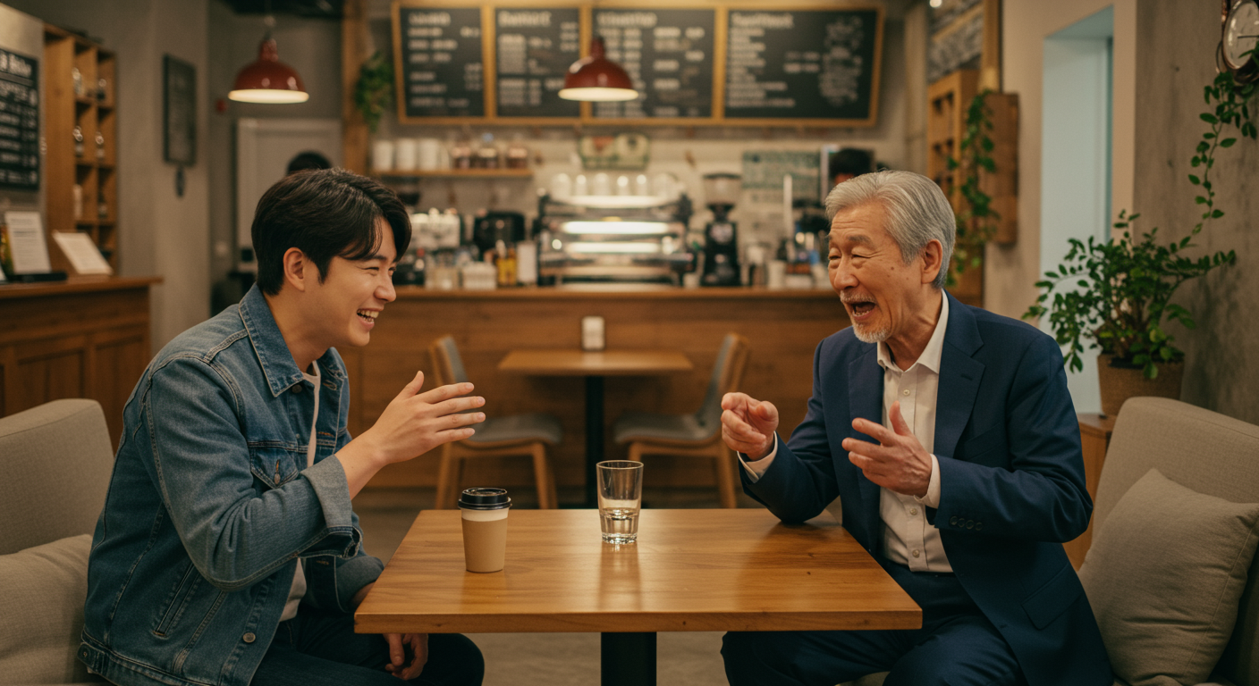 카페에서 서로 다른 반응으로 농담을 나누는 두 세대