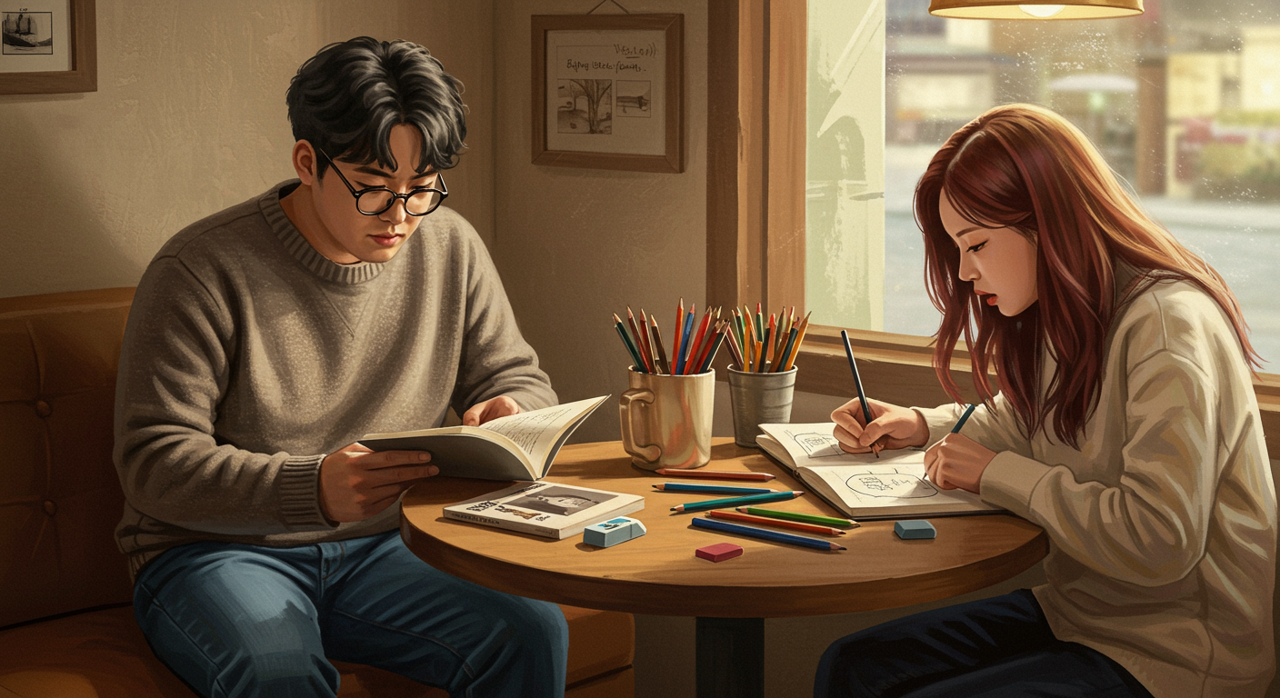 카페 구석에서 책을 읽는 남성과 웹툰 스케치를 하는 활기찬 여성