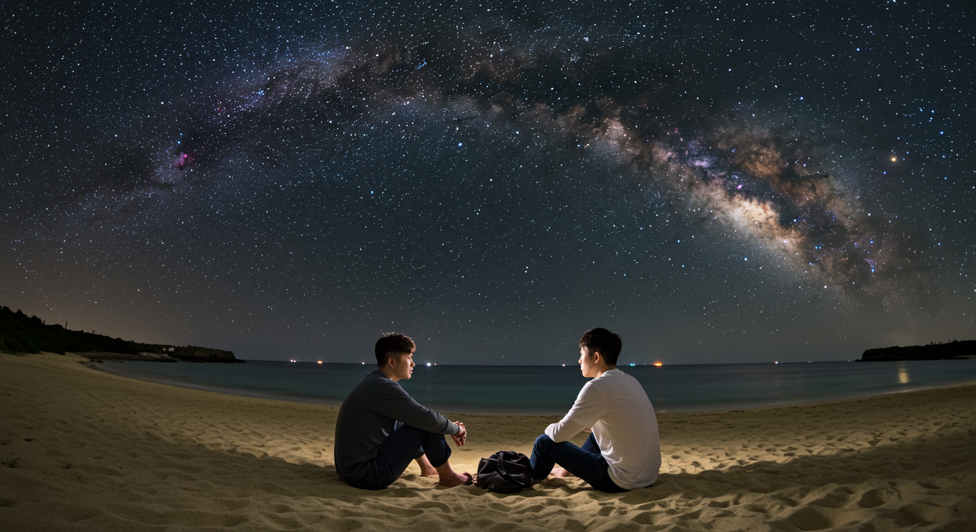 별이 빛나는 오키나와 해변에서 철학적 대화를 나누는 두 친구
