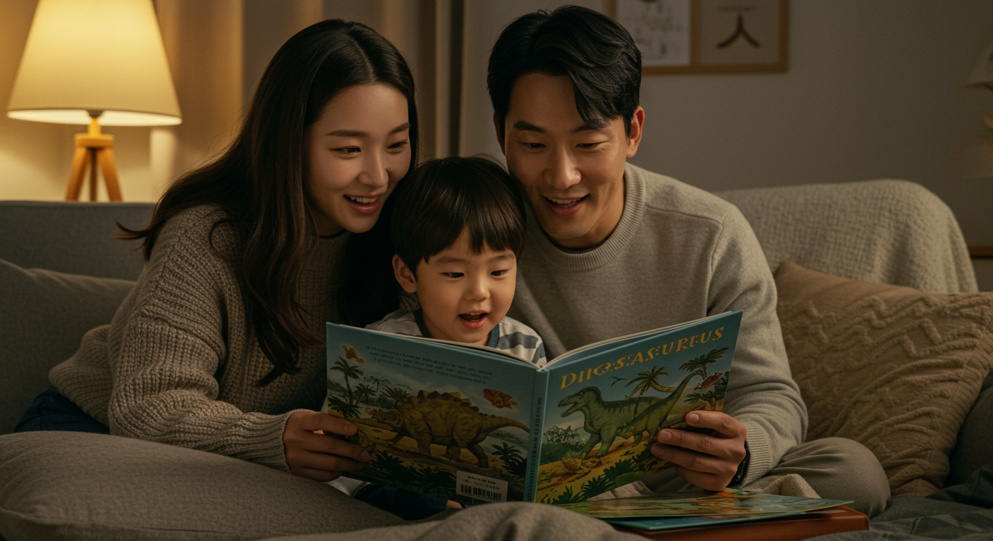 가족이 함께 공룡 그림책을 읽으며 따뜻한 조명을 받은 아늑한 방