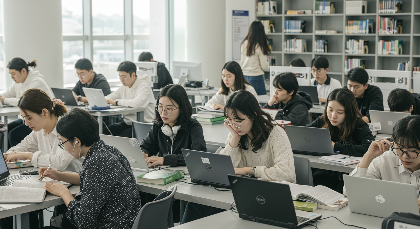 현대적인 도서관에서 노트북과 교재를 활용해 대학 지원서를 논의하는 학생들