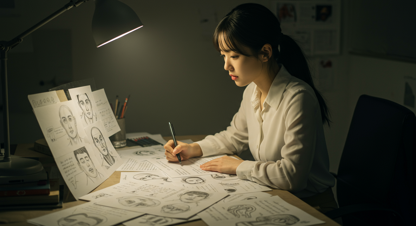작곡 영감을 위해 인체 해부학과 감정 스케치를 하는 한국 작사가
