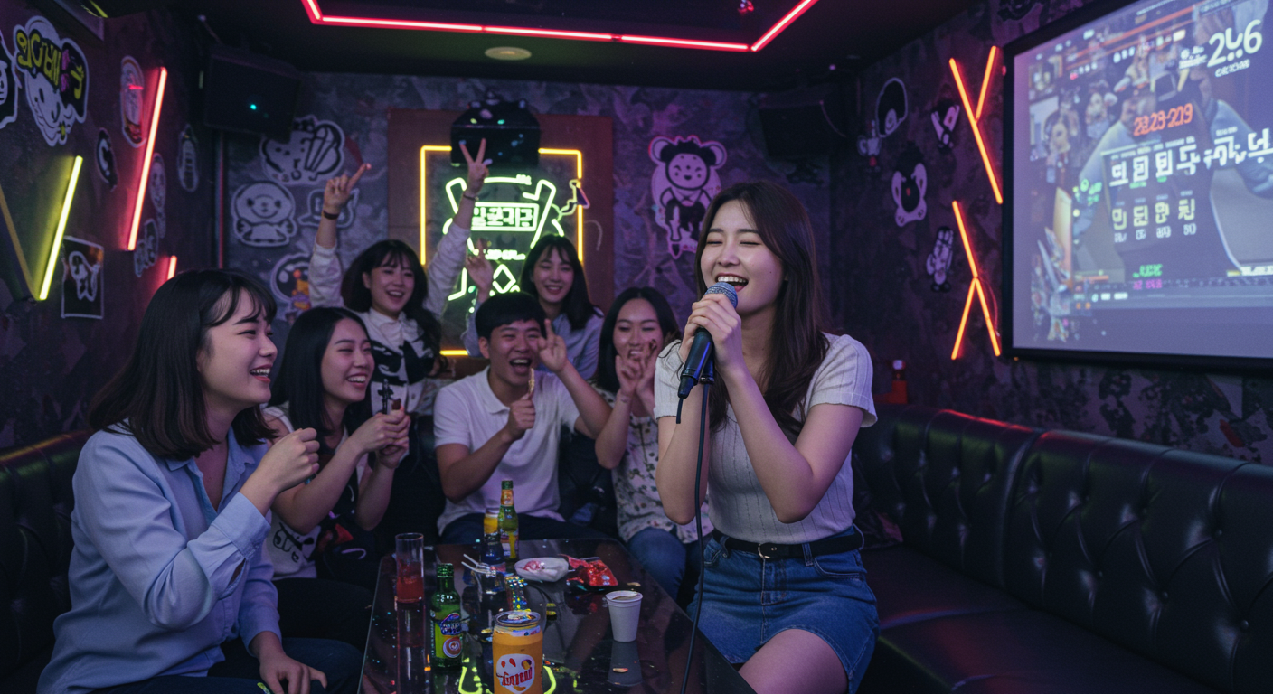 친구들이 응원하는 가운데 마이크로 열정적으로 노래 부르는 장면의 생생한 노래방 분위기