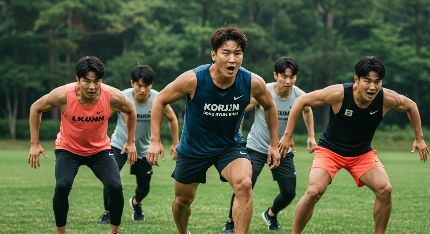 김동현과 함께하는 한국팀 선수들이 야외 훈련장에서 힘과 팀워크를 발휘하는 모습