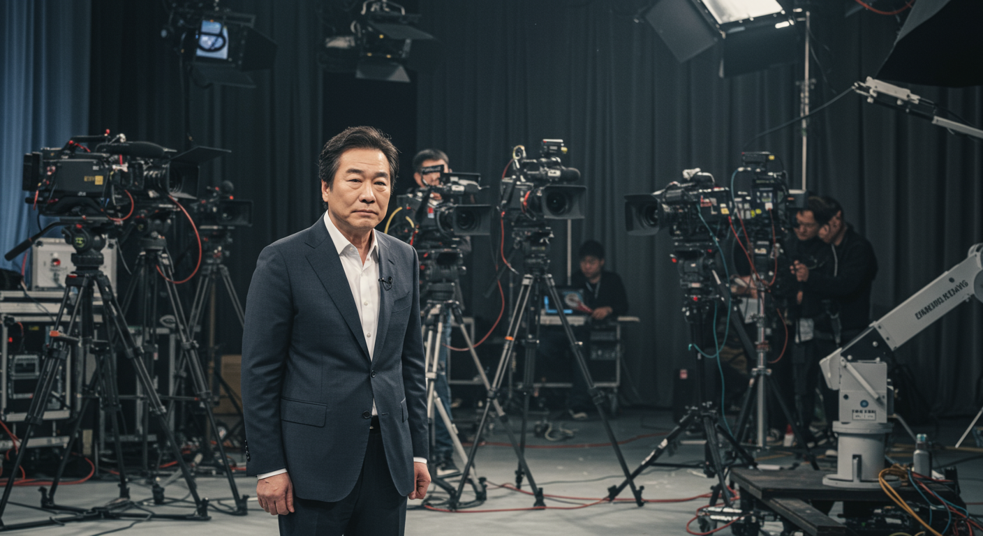 현대적인 TV 스튜디오에서 카메라와 조명에 둘러싸여 있는 한국 베테랑 개그우먼