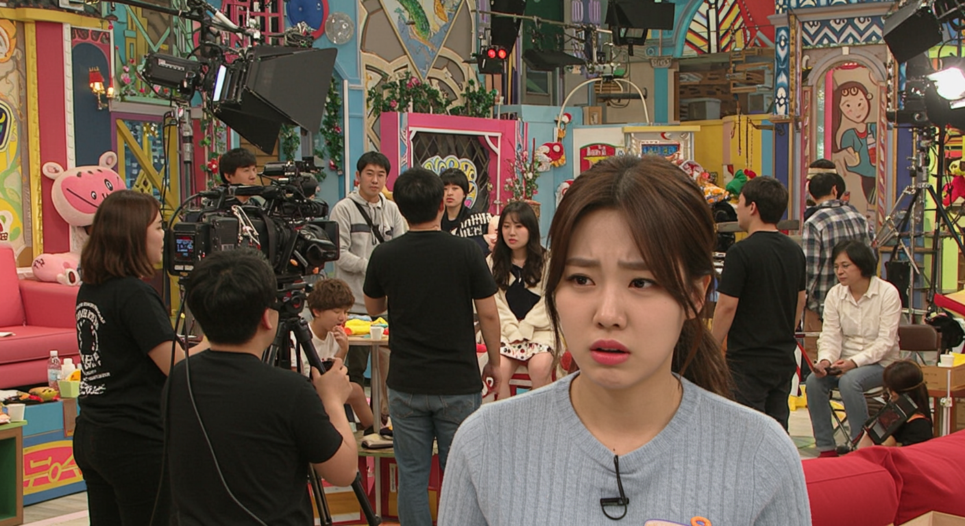 긴장된 분위기 속 인기 예능 프로그램 세트장에서의 모습