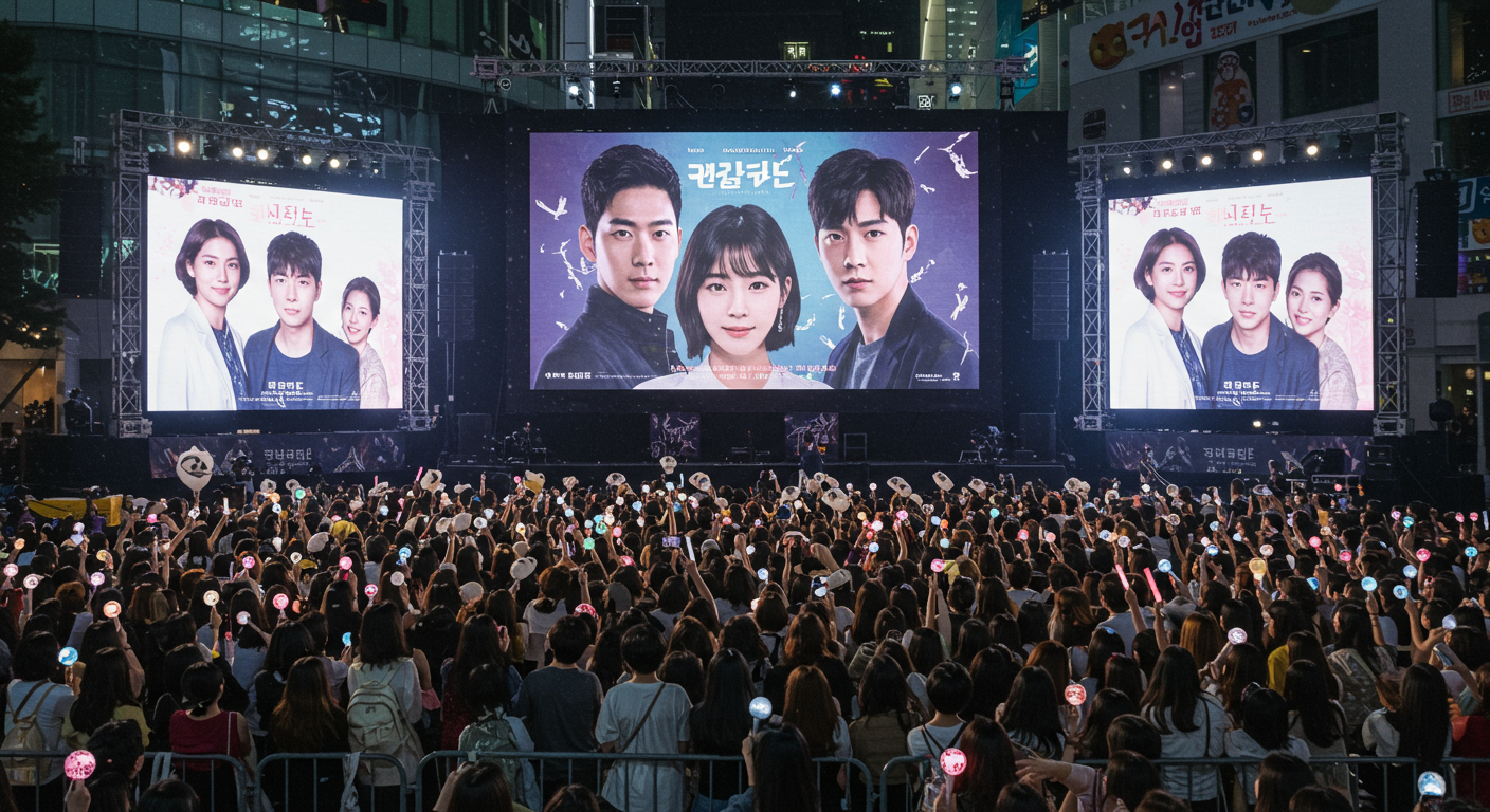 대형 스크린에 드라마 홍보 포스터를 보고 있는 팬들