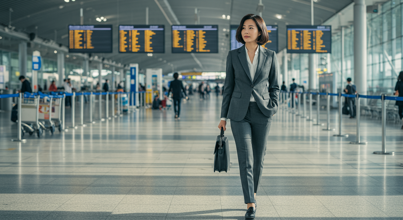 비즈니스 정장을 입고 공항 터미널을 걷는 당당한 여성