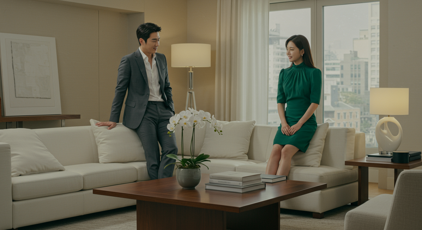 세련된 거실에서 멋진 패션을 선보이는 배우들
