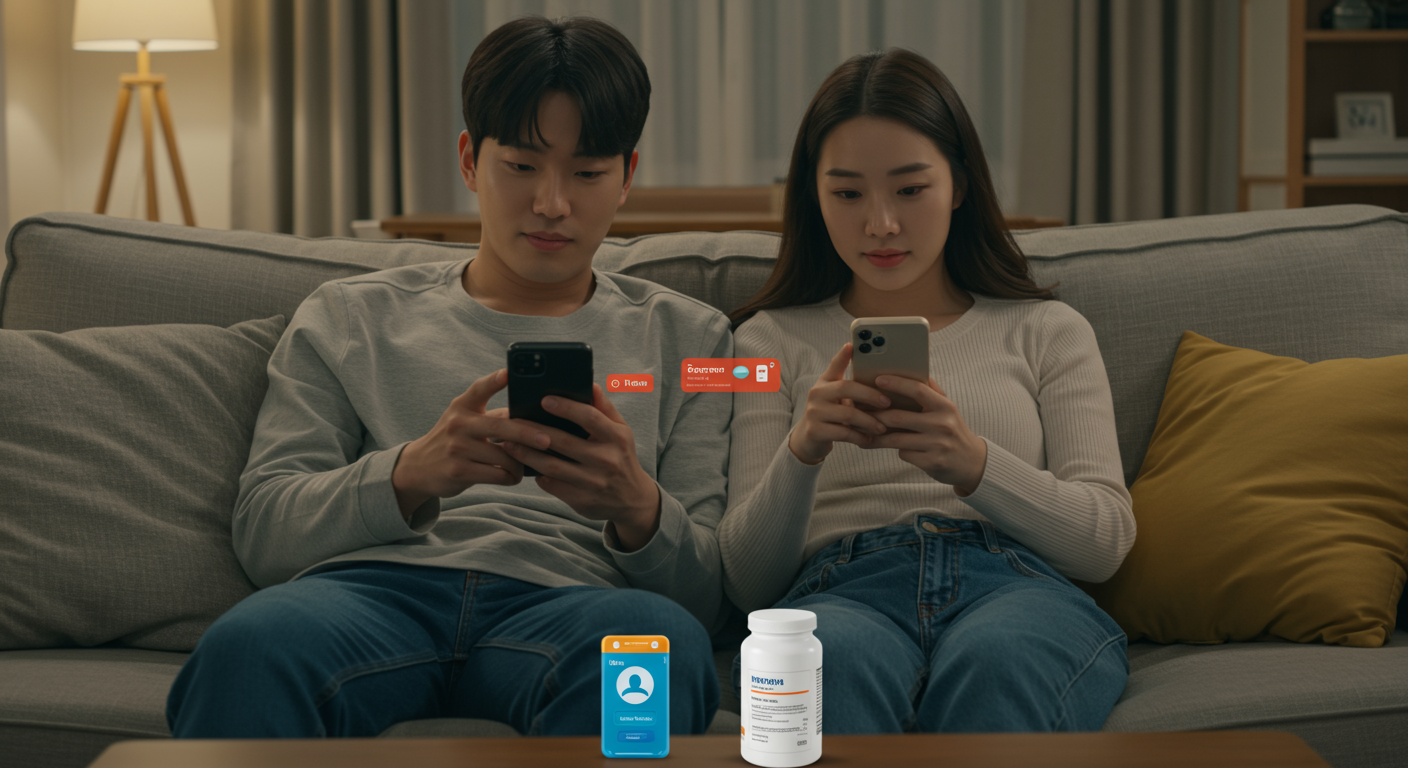 스마트폰으로 약 복용 시간을 설정하는 젊은 커플