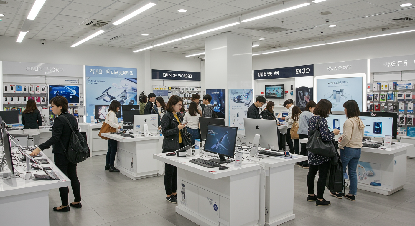 한국 전자상가에서 고객들이 컴퓨터를 구경하며 직원과 상담하는 모습
