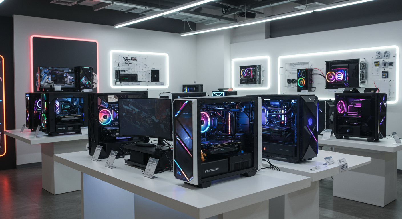 다양한 사양의 조립 PC들이 진열된 쇼룸의 세련된 모습