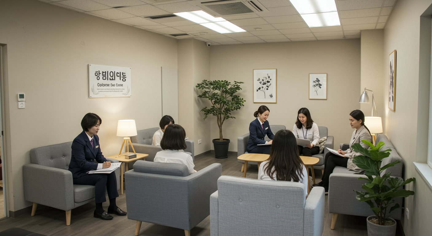 고객에게 친절하게 상담해주는 한국 서비스 센터 내부 모습