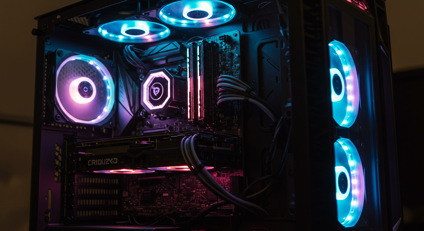 컴퓨터 케이스 내부에서 보이는 최신형 CPU와 GPU 유닛이 LED 조명으로 빛나는 모습