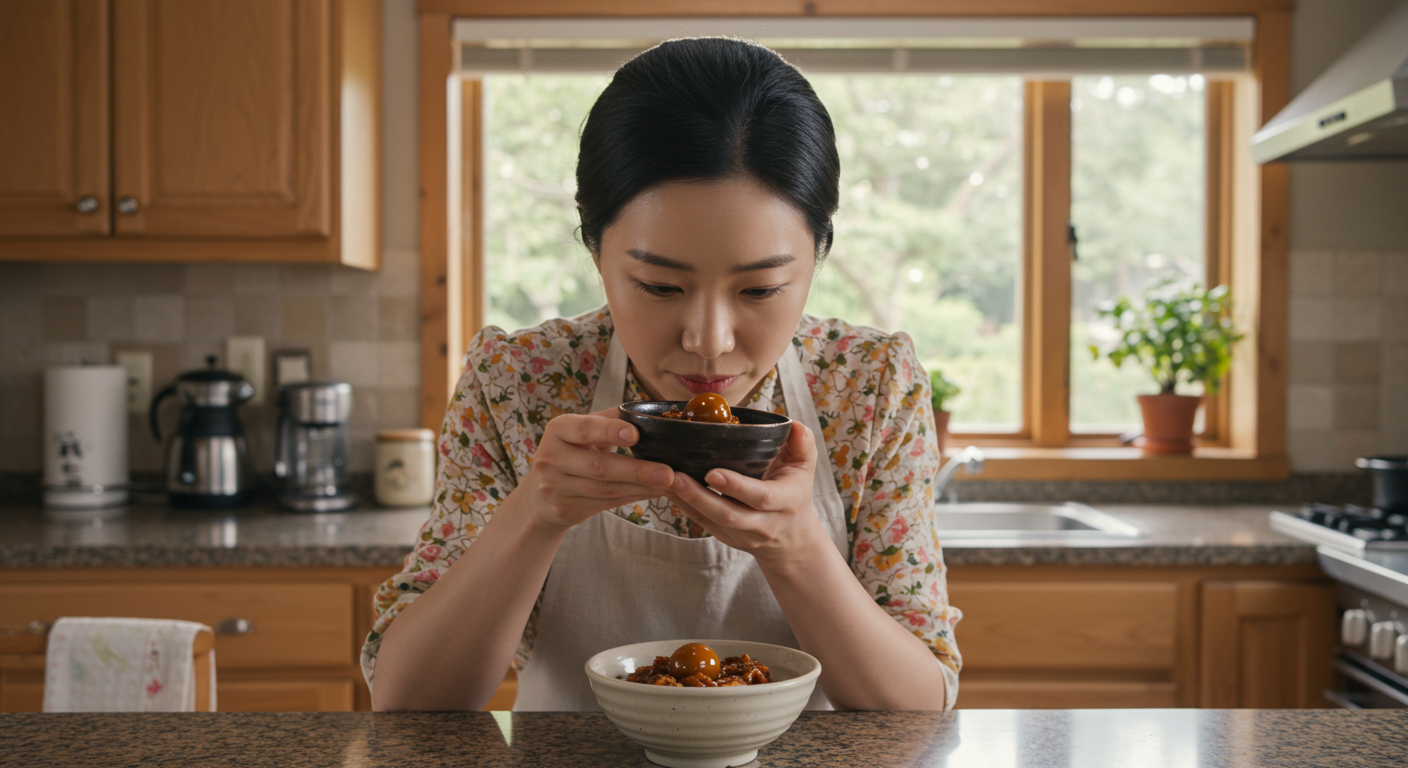 주방에서 메추리알 장조림 냄새를 맡으며 신선도를 확인하는 여성