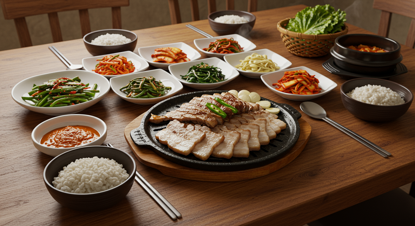 삼겹살 구이와 함께 차려진 식탁 위의 풍성한 반찬들과 깊은 맛의 조화