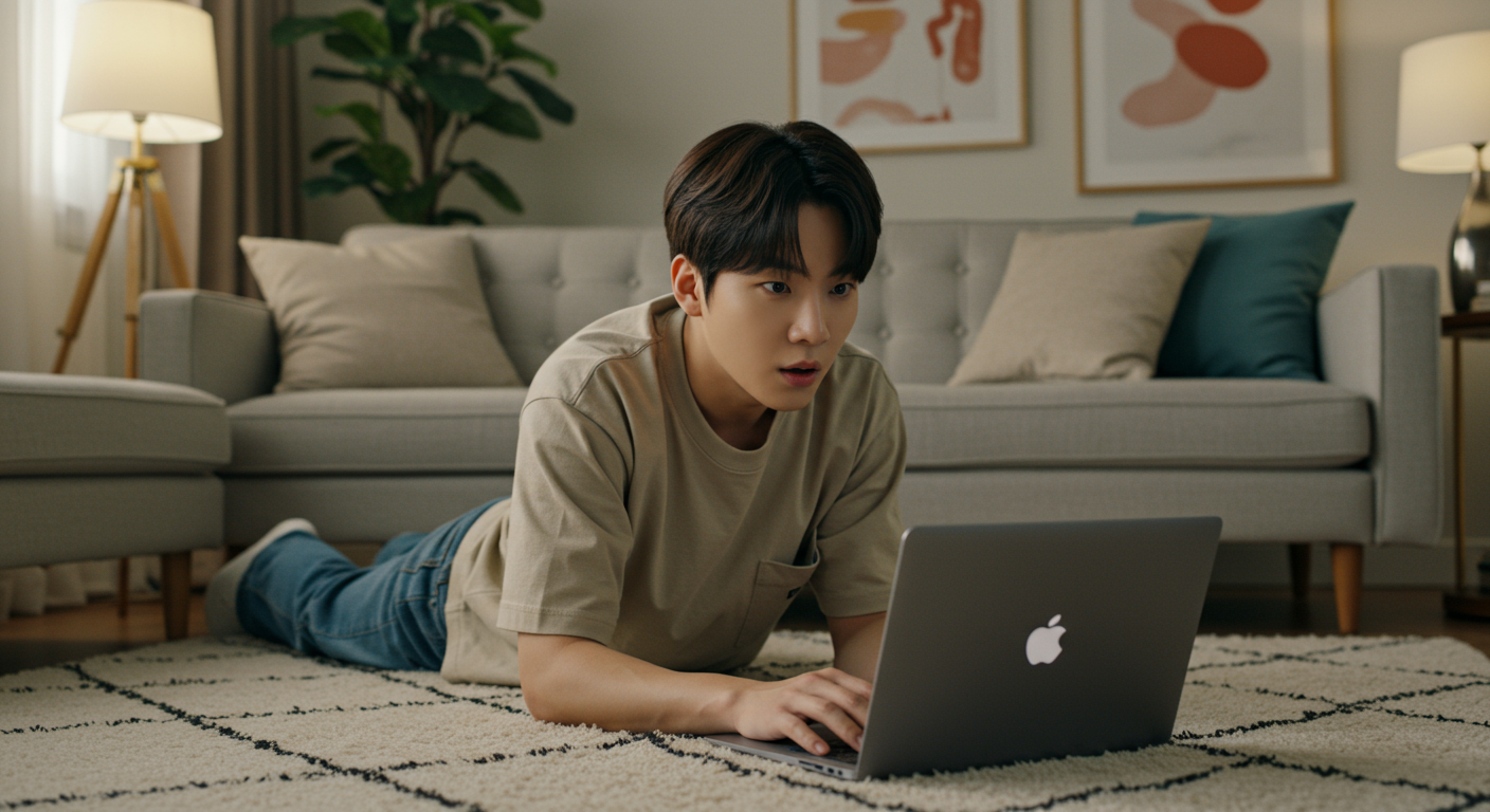 젊은 성인이 편안한 거실에서 노트북으로 유튜브를 시청하는 모습