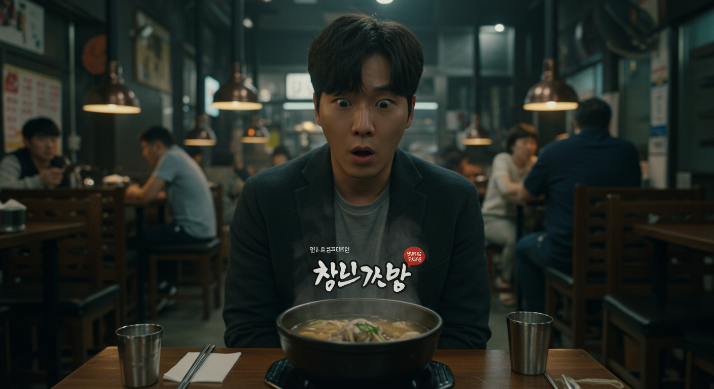도심 레스토랑에서 '바다거북스프' 라벨이 붙은 그릇을 보고 놀라는 남성