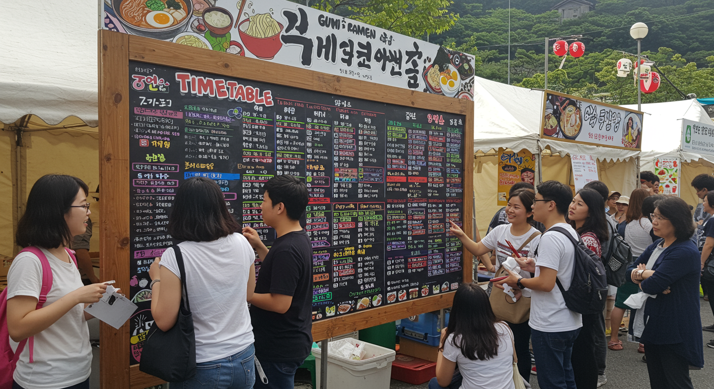 구미 라면축제의 세부 일정을 보여주는 타임테이블 보드와 이를 확인하는 방문객들