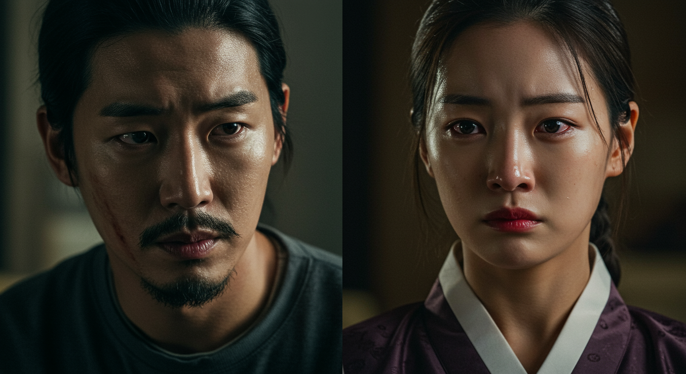 깊은 감정과 내면 갈등을 표현하는 배우들의 클로즈업 초상화