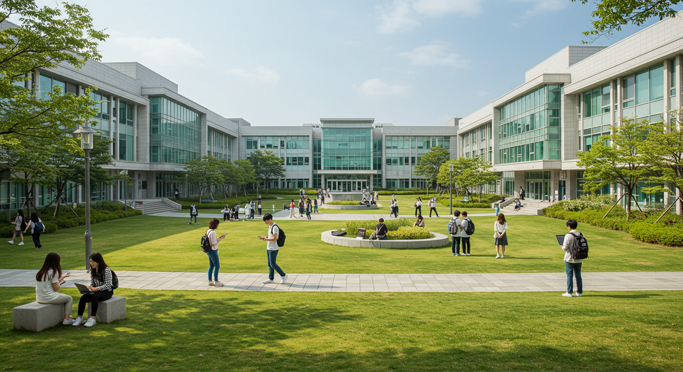 한국 캠퍼스에서 학생들이 디지털 기기를 활용하여 활동하는 모습