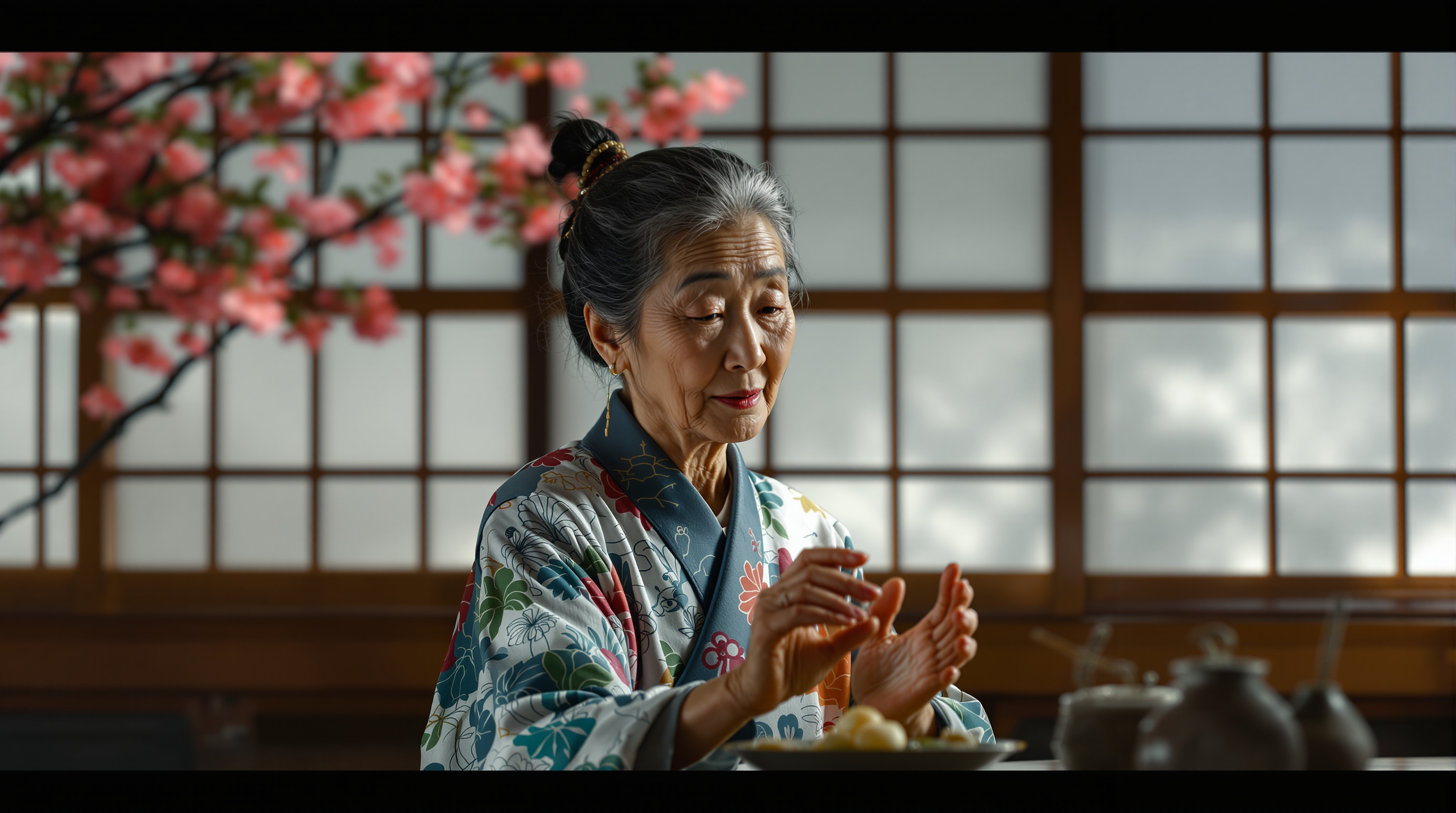 일본 배경 속 평온한 표정을 짓고 있는 선자 역의 노년 여성