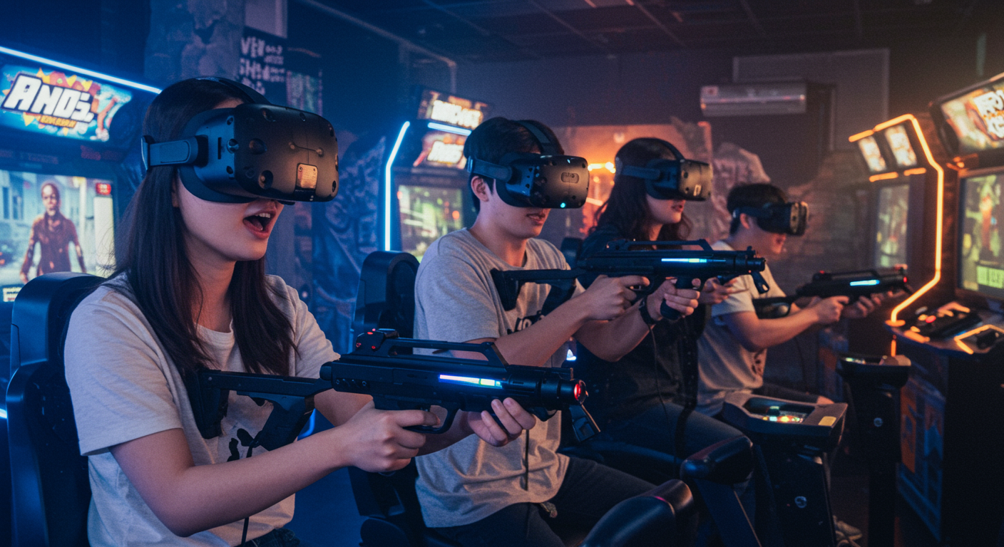 젊은이들이 홍대 아케이드에서 몰입감 있는 VR 좀비 슈팅 게임을 하는 장면