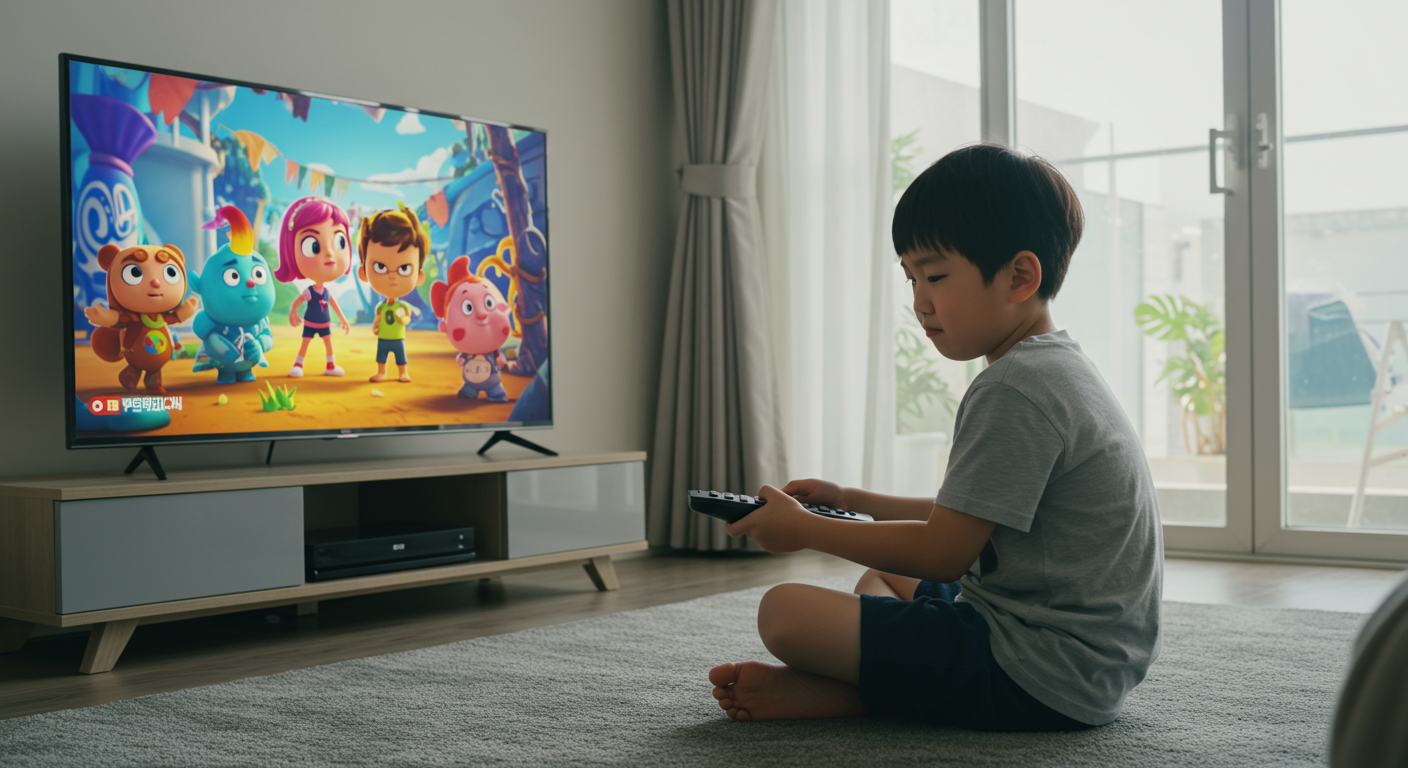 아이가 TV 앞에서 애니메이션을 놓쳐 아쉬워하는 모습