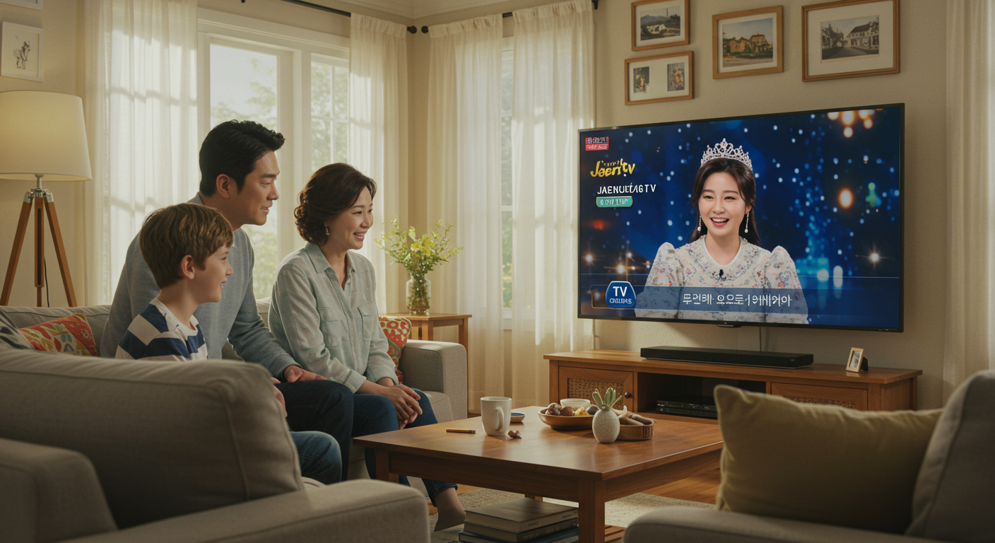 가족들이 거실에서 대형 스크린으로 재능TV를 통해 티니핑 시청하는 모습