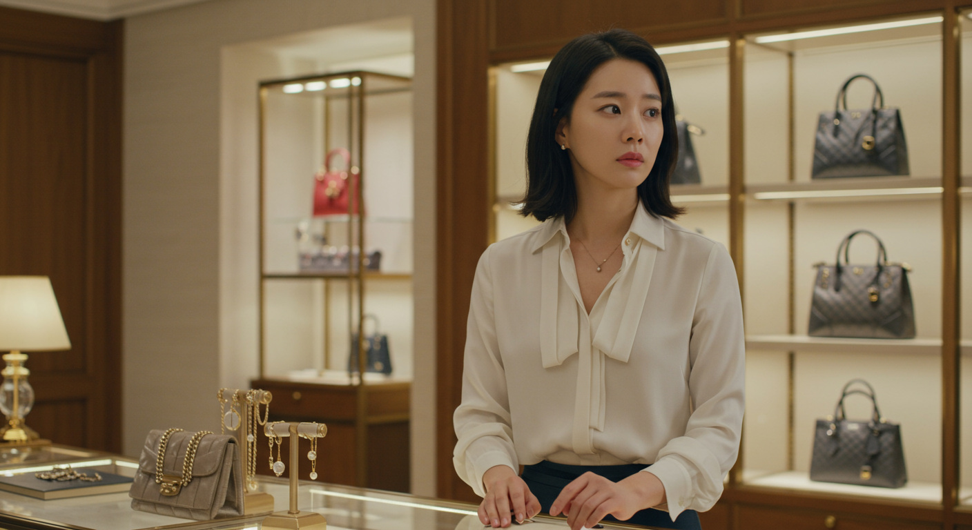 백화점 명품관에서 조용히 일하는 순간을 포착한 한국 여배우의 모습