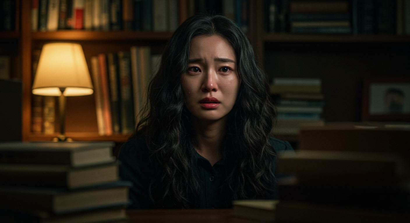 책과 그림자가 가득한 어두운 방에서 절박함을 느끼는 여성의 감정적 순간