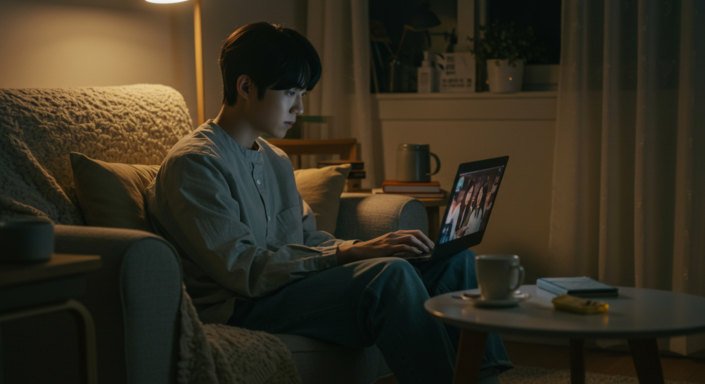 집에서 노트북으로 드라마를 시청 중인 현대적 분위기의 직장인의 모습