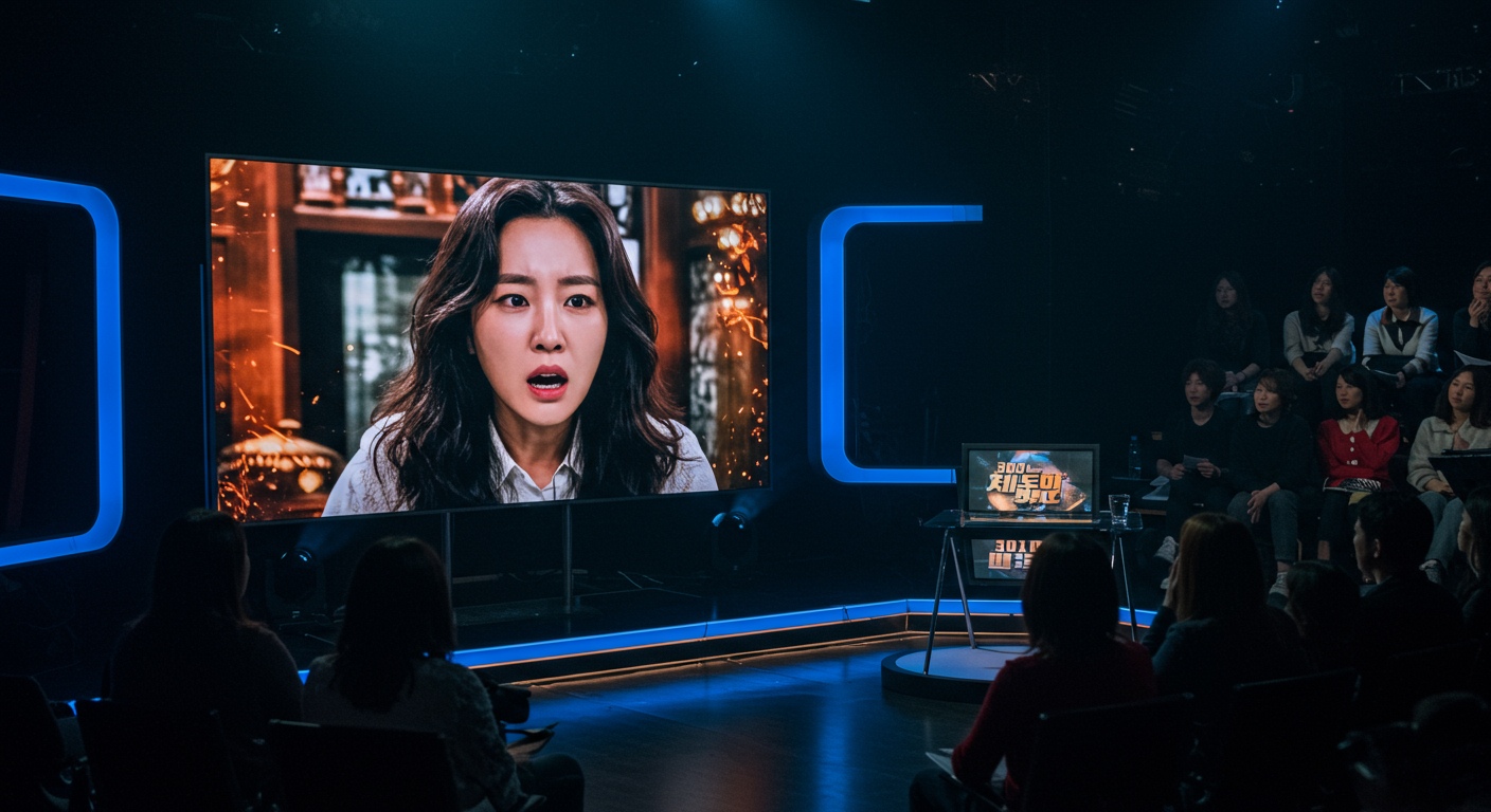 드라마 속 과거가 폭로되는 장면이 담긴 TV 화면과 긴장감 있는 분위기